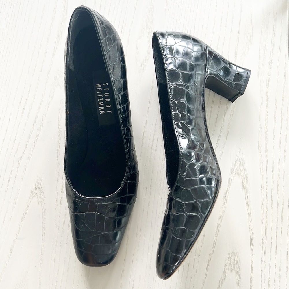 Stuart Weitzman Vintage Classic Crocodile Heel Pumps Black 9.5 AA Narrow